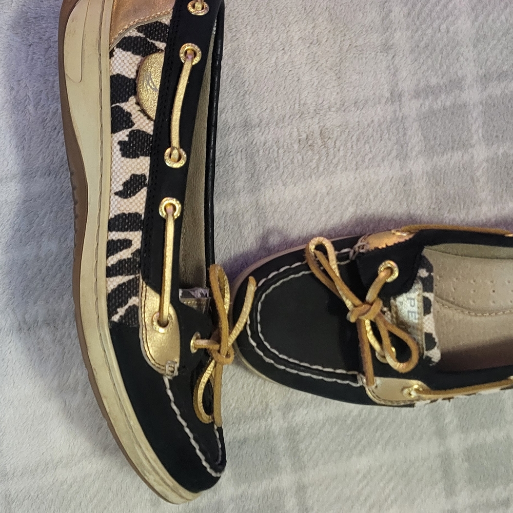 Sperry Women's Black Boat Shoes With Cheetah Print And Gold Leather Laces 7.5